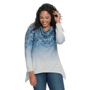 One World Brushed Sweater Knit Long Sleeve Border Printed Cowl Neck Tunic